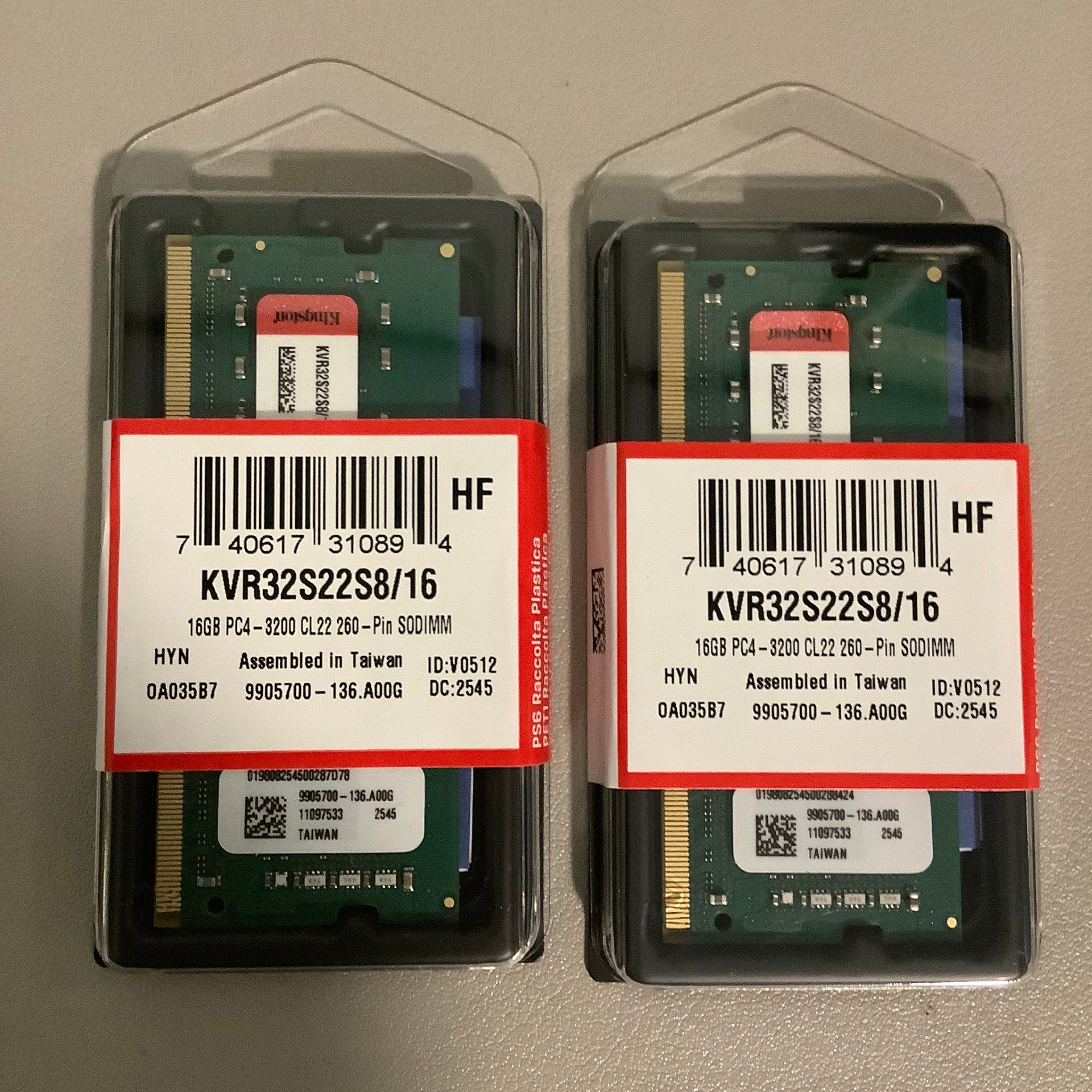 32GB - Lot Of Two Kingston ValueRAM (1x16GB ) DDR4 SODIMM Module (KVR32S22S8/16)