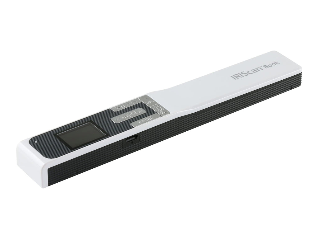 White IRIScan Book 5 handheld portable scanner featuring a 1.5-inch color LCD preview screen and top-facing control buttons for easy document digitizing.