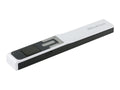 White IRIScan Book 5 handheld portable scanner featuring a 1.5-inch color LCD preview screen and top-facing control buttons for easy document digitizing.